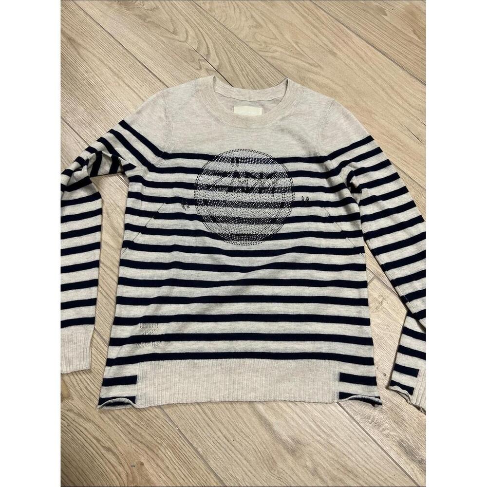 Zadig & Voltaire Cream and Navy Striped Crew Sweater with Embellished Logo